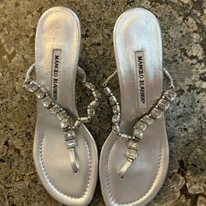 Manolo Blahnik Silver Jeweled Thong Sandals